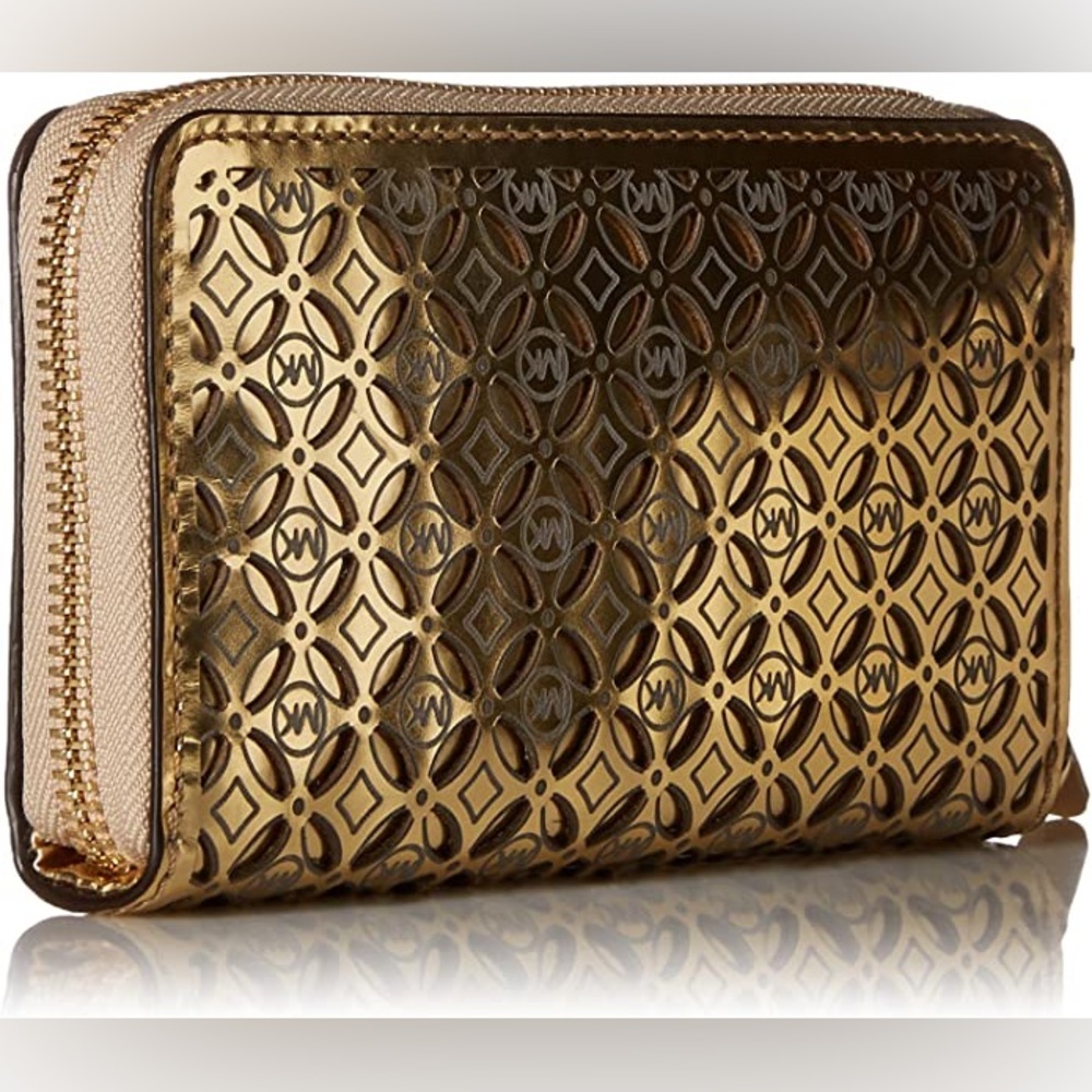 Michael Kors gold flower wallet perforated leather zip around continental wallet